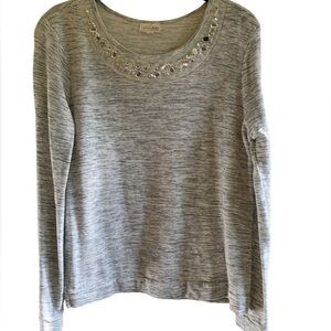 Maison Jules XL gray space long sleeve t-shirt sweatshirt rhinestone neckline
